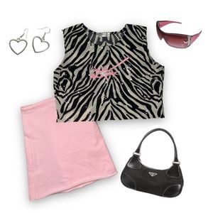 Y2k cute NINETY zebra print w pink patched stars